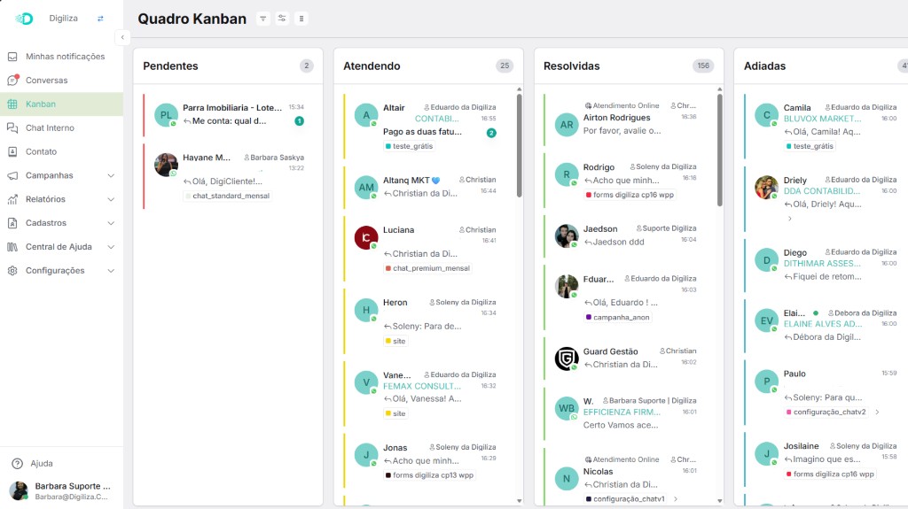 Quadro Kanban de atendimento ao cliente