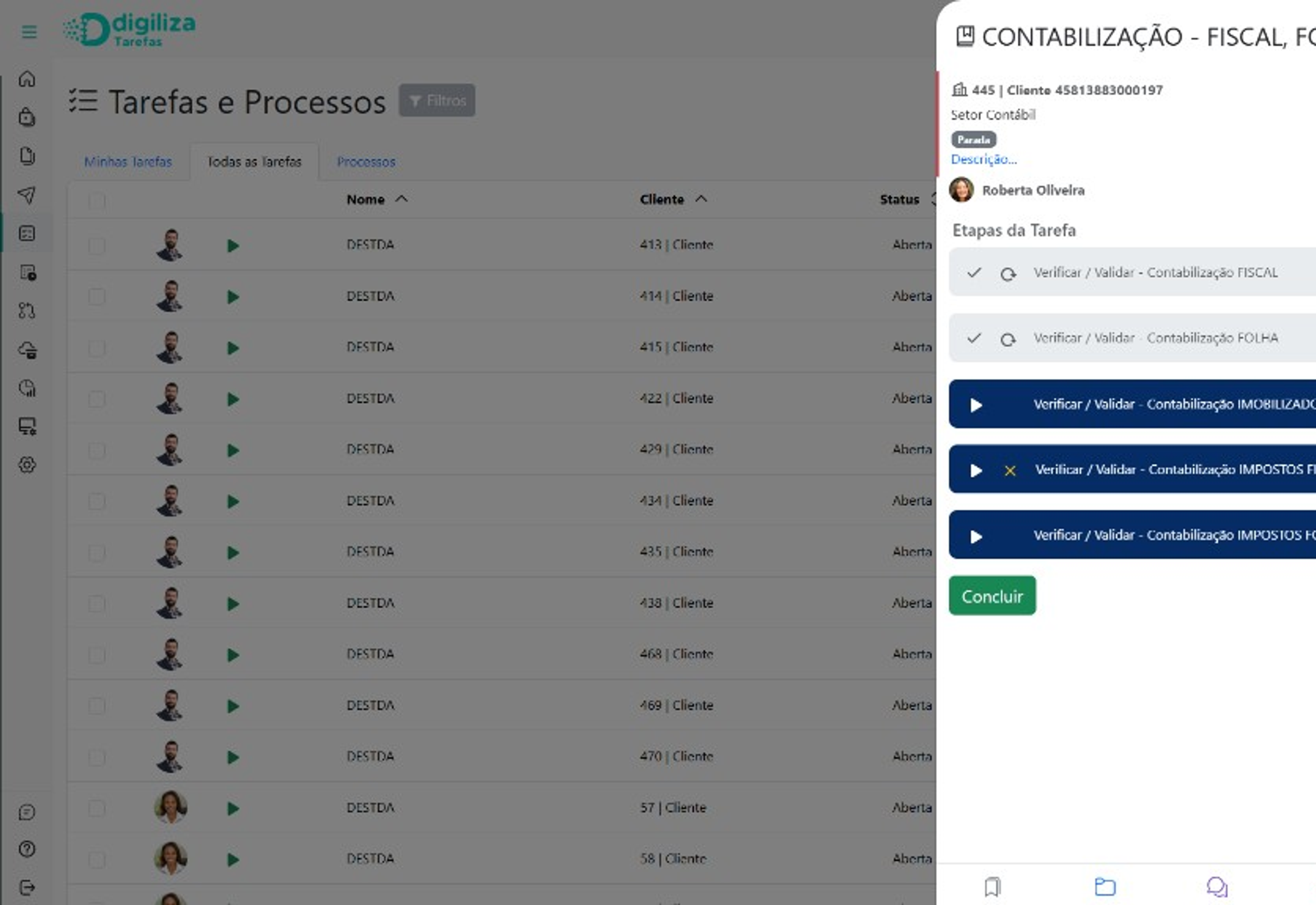 Tela de tarefas e processos contábeis